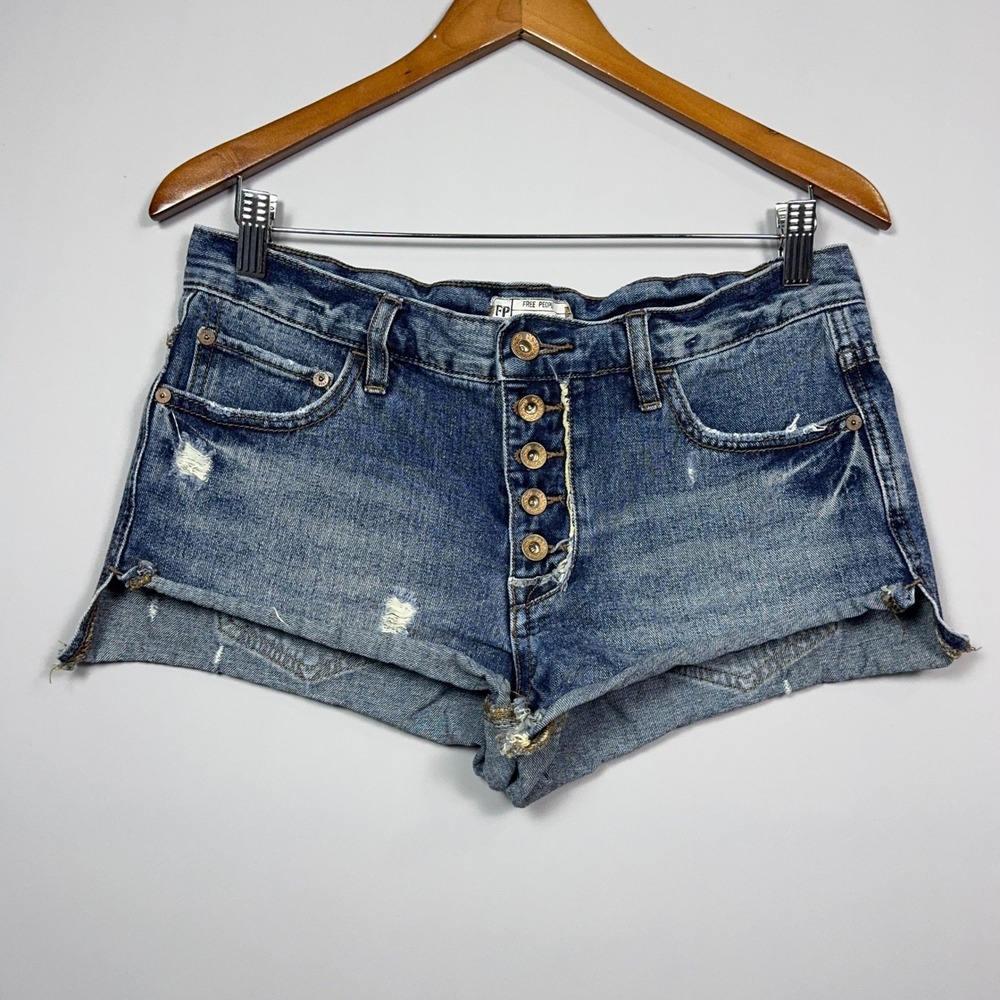 Free People Distressed Cut Off Denim Shorts Womens Size 26 Button Fly Blue Boho